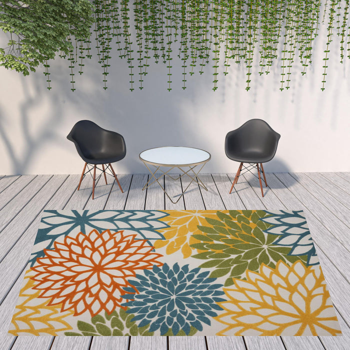 9' X 12' Floral Non Skid Indoor / Outdoor Area Rug - Turquoise