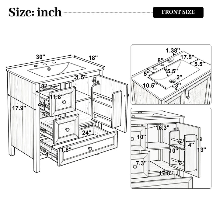 Modern Bathroom Vanity With Sink, Soft Close Drawers & Door, Storage Rack Noble House