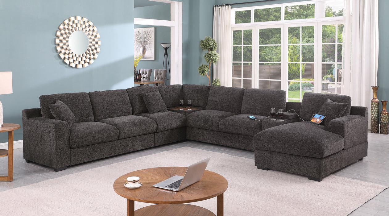 Celine - Chenille Fabric Corner Sectional Sofa With Right Facing Chaise, Cupholders, And Charging Ports - Gray