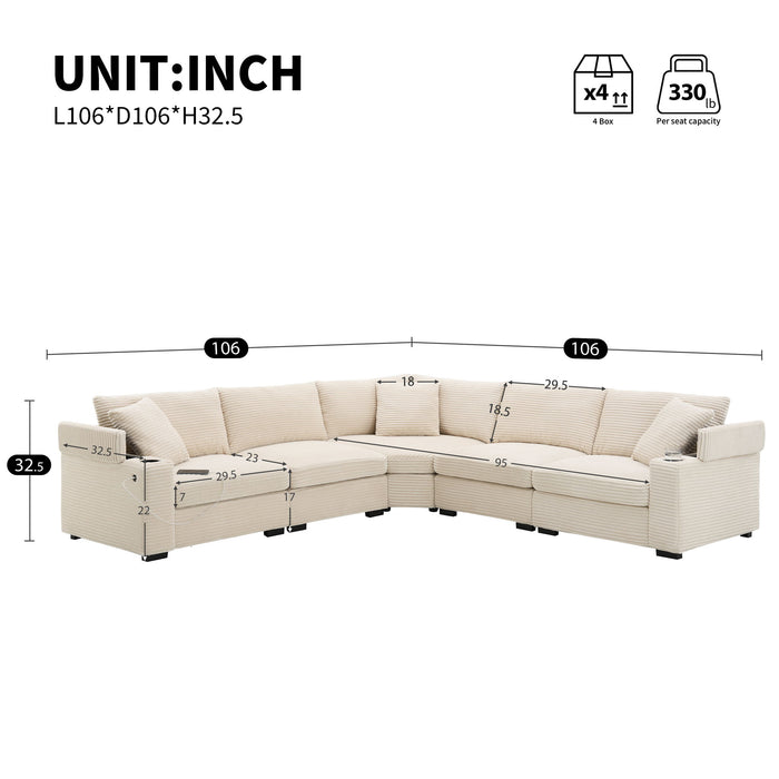 Convertible L Shaped Sectional Corner Couch With Armrest Storage Cup Holders USB Charger, Irregular Corner Oversized Comfy Modular Sofa