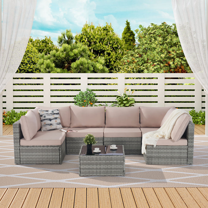 Outdoor Rattan 7 Pieces Furniture Sofa And Table Set - Gray / Light Brown