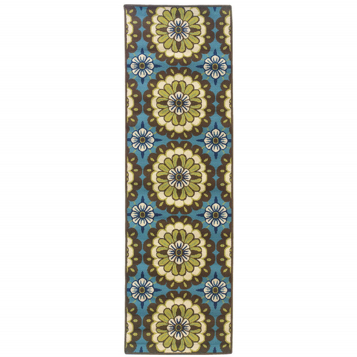 2' X 8' Floral Stain Resistant Outdoor / Indoor Area Rug - Blue / Green