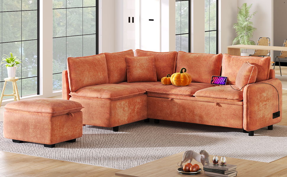 82.67" Convertible Sofa Bed Sectional Sofa Sleeper L-Shaped Sofa With A Storage Ottoman, Two Pillows, Two Power Sockets And Two USB Ports For Living Room, Orange