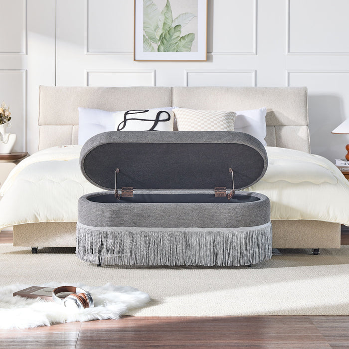 Oval Upholstered Storage Ottoman With Fringe Trim & Lift Top Lid Home Essentials