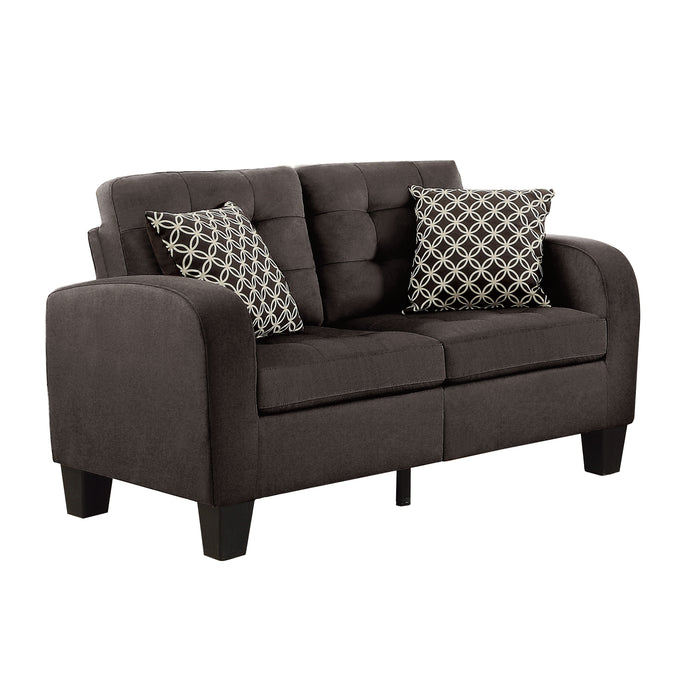 Chocolate Brown Contemporary Loveseat 1 Piece Tufted Detail Textured Fabric Upholstered 2 Pillows Solid Wood Living Room Furniture