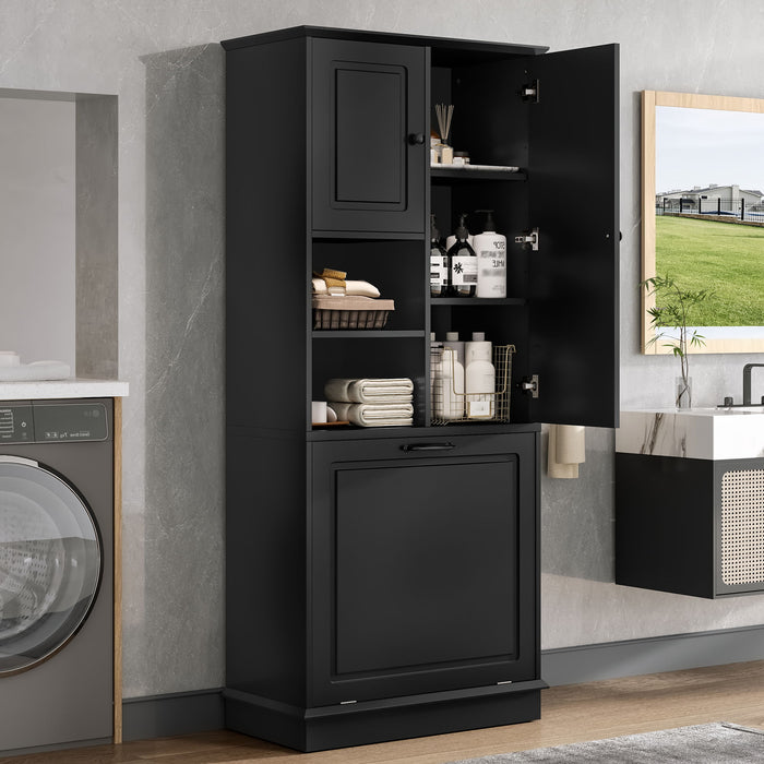 Modern Tall Storage Cabinet With Adjustable Shelves, Flip-Out Basket & Enclosed Doors Hearth and Haven