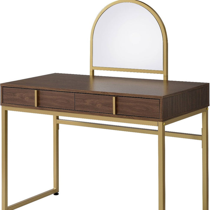 Finish Round Dresser Mirror - Walnut & Gold