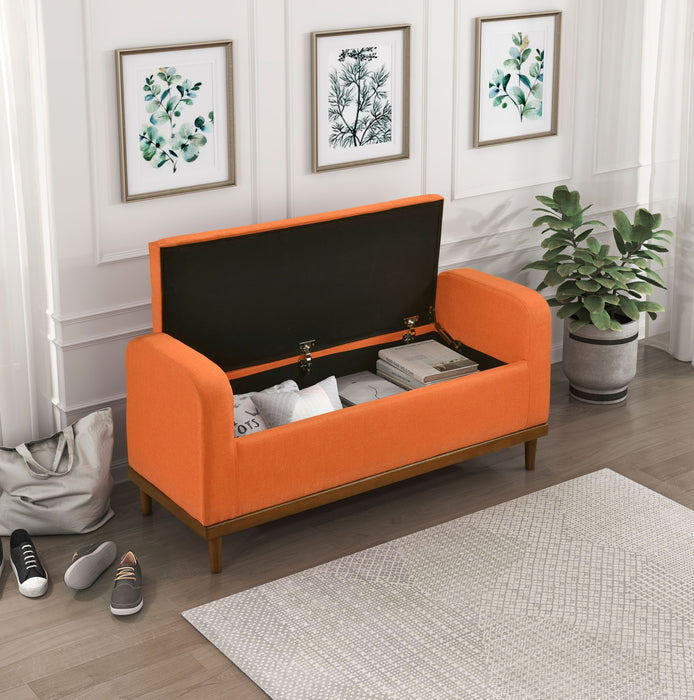 Mid - Century Modern Lift Top Storage Bench 1 Piece Tufted Orange Upholstered Solid Wood Walnut Finish Wooden Furniture