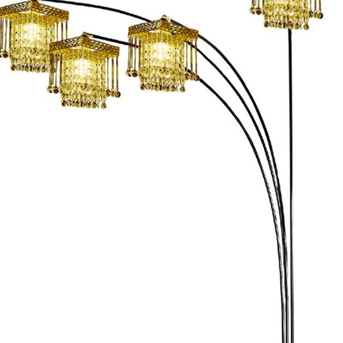 Four Light Arc Floor Lamp With Clear Crystal Glass Chandelier Shade - Black