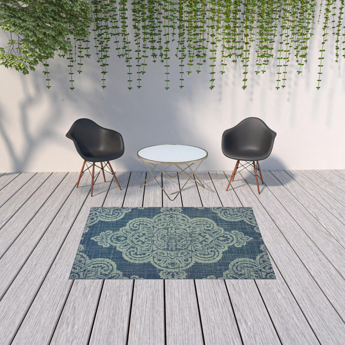 5' X 8' Oriental Stain Resistant Indoor / Outdoor Area Rug - Blue