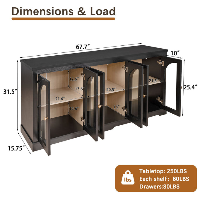 Modern Arched Glass Sideboard With 6 Doors, Buffet Cabinet With Storage And Adjustable Shelves Home Essentials