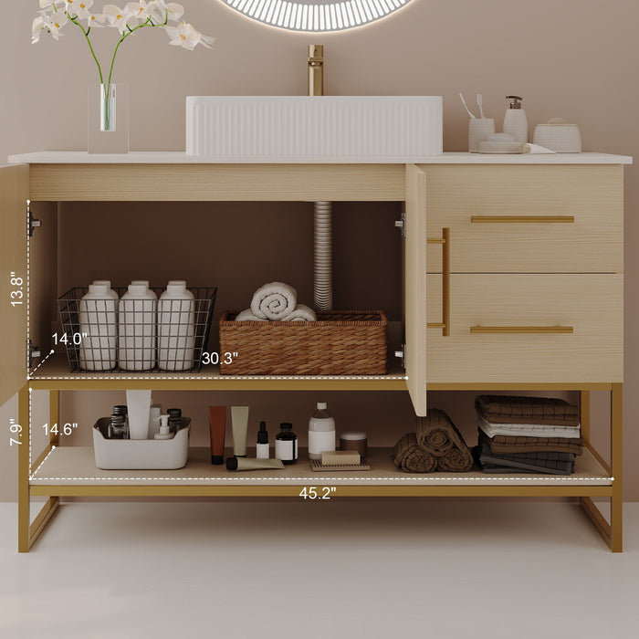 Bathroom Vanity With Vessel Sink Accent Free Standing Cabinet - Ameican White Oak / Gold / White Home Essentials