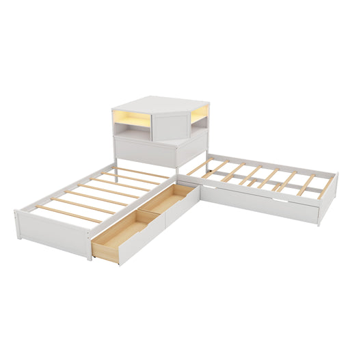 L-Shaped Bed Frame With Trundle, Built In Desk & LED Lighting Hearth and Haven
