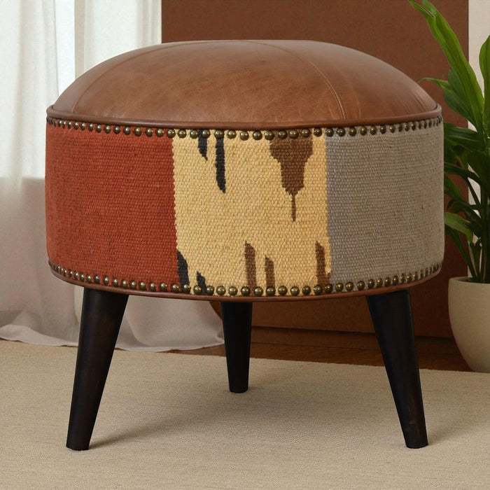 Durrie & Leather Mixed Footstool - Brown