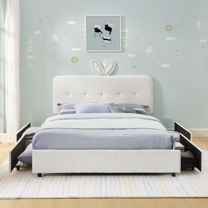 Upholstered Bed With Oversized Rabbit Ear Headboard, LED Lights & 4 Storage Drawers Home Essentials