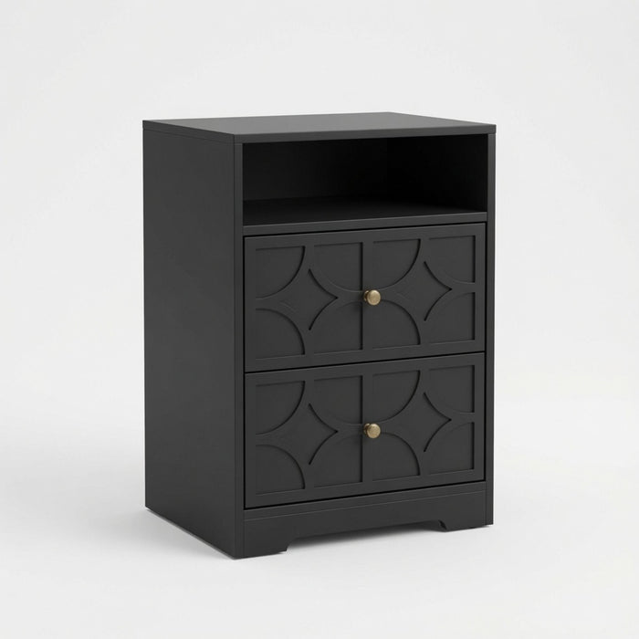 Nightstand With Diamond Carvings Handles, 2 Drawers & Charging Station Home Essentials