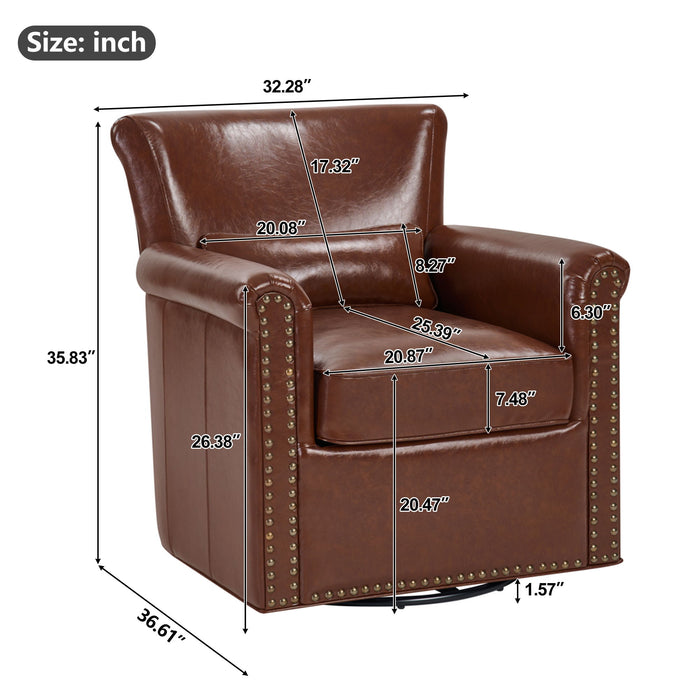 Swivel Accent Chair With Rolled Arm, Sewn Pillow Back, Nailhead Trim For Living Room Noble House