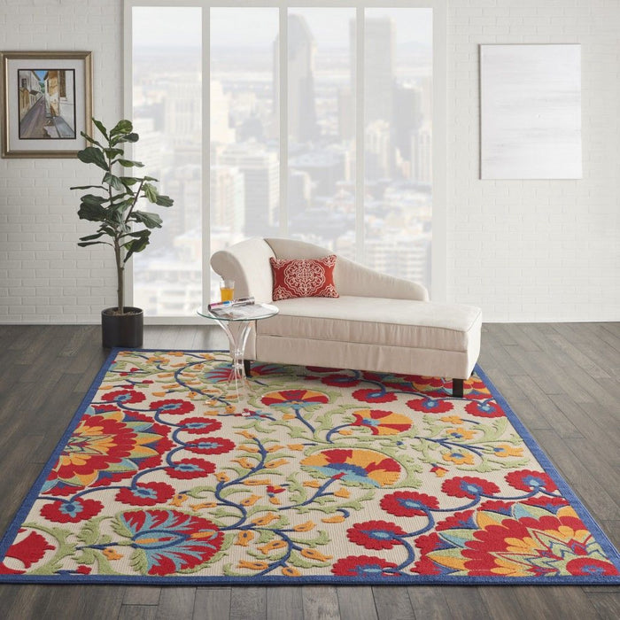 7' X 10' Floral Indoor / Outdoor Area Rug - Red / Ivory