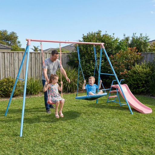 Xns107 - 2 Swing Set With Slide For Outdoor - Blue / Pink Daily Nest
