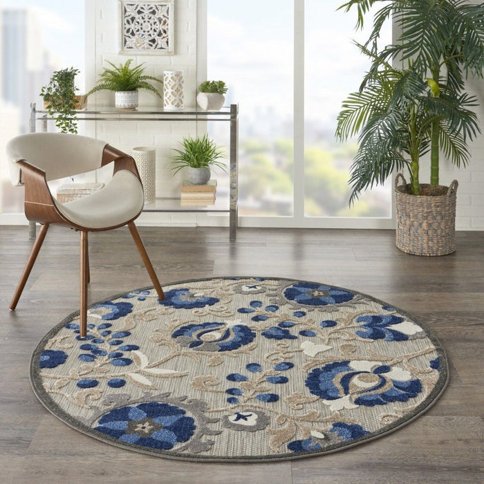 5' Round Round Floral Indoor & Outdoor Area Rug - Gray / Blue