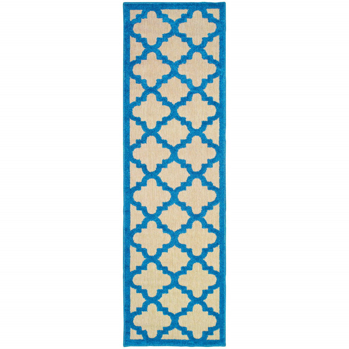 2' X 8' Geometric Stain Resistant Outdoor / Indoor Area Rug - Blue / Beige