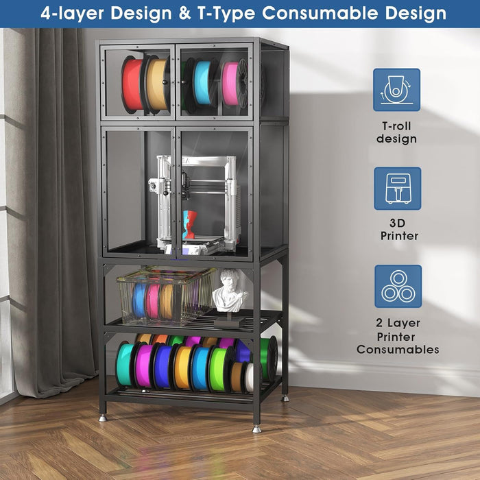 3D Printer Cabinet With Double Layer Filament Storage, Noise Reducing Design - Black