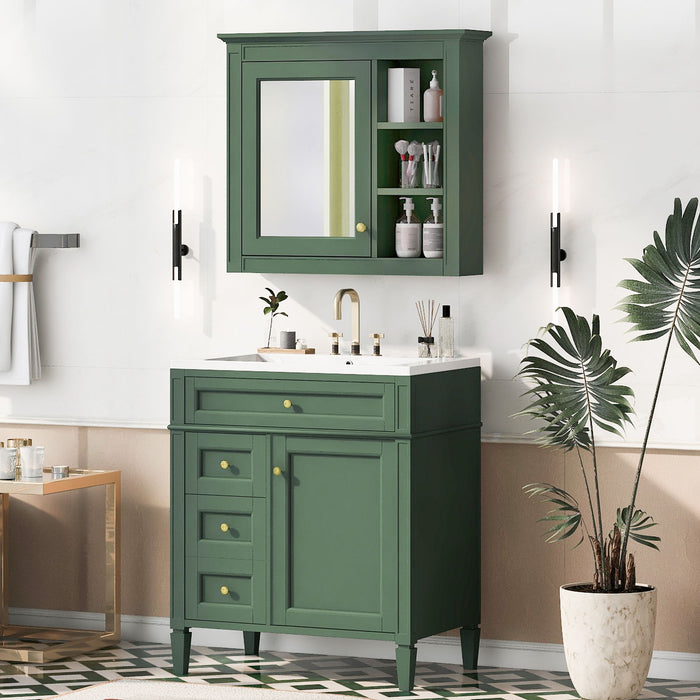 30'' Bathroom Vanity With Top Sink, Modern Bathroom Storage Cabinet, 2 Drawers And A Tip - Out Drawer, Freestanding Vanity Set With Mirror Cabinet, Single Sink Bathroom Vanity - Green