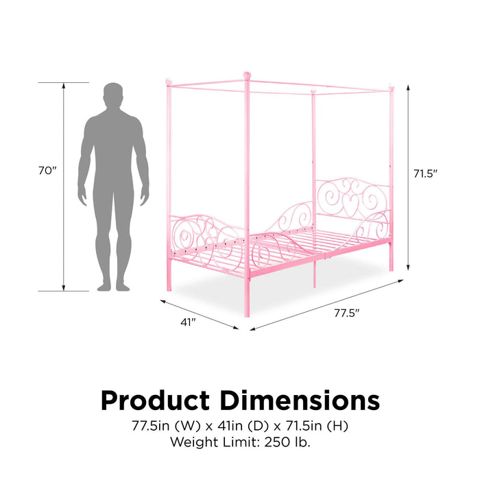 Twin Canopy Bed With Heart Scroll Design And Finial Posts - Pink
