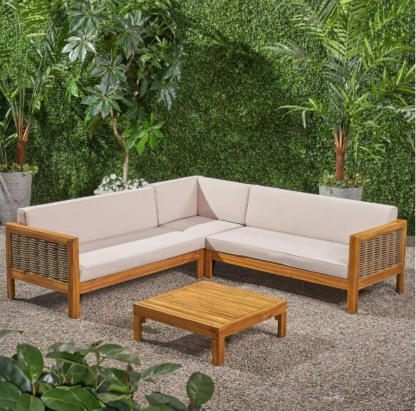 Linwood 4 Piece Wood And PE Rattan Coversation Sectional Seating Set, Beige
