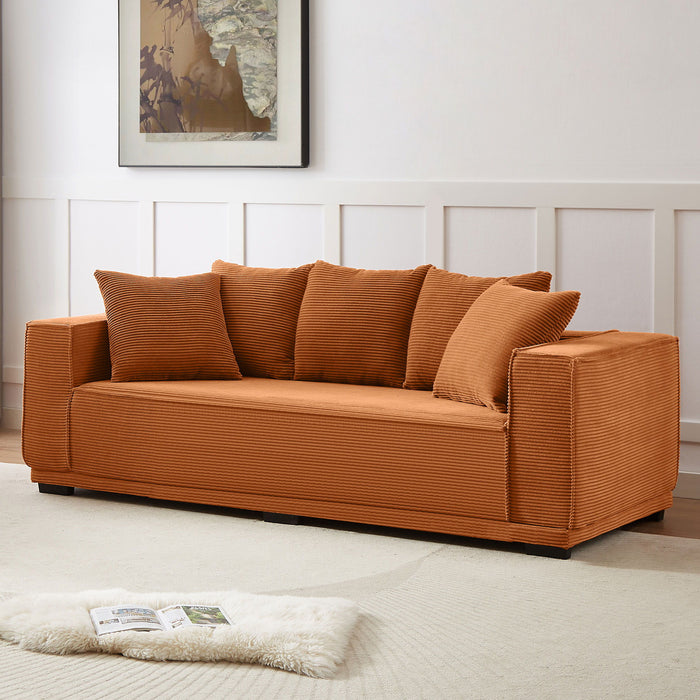 88.97'' Corduroy Sofa With 5 Matching Toss Pillows Modern Upholstered Sofa Including Bottom Frame For Bedroom, Apartment And Office.Orange
