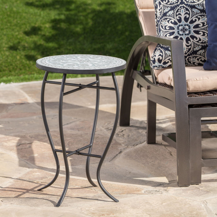 Outdoor Round Side Table With Mosaic Style Top And Curved Iron Legs Noble House