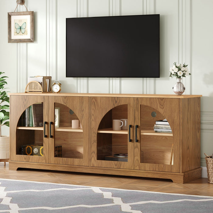 TV Stand With Semi Arched Glass Doors, Media Console With Adjustable Shelves For Living Room - Brown Hearth and Haven