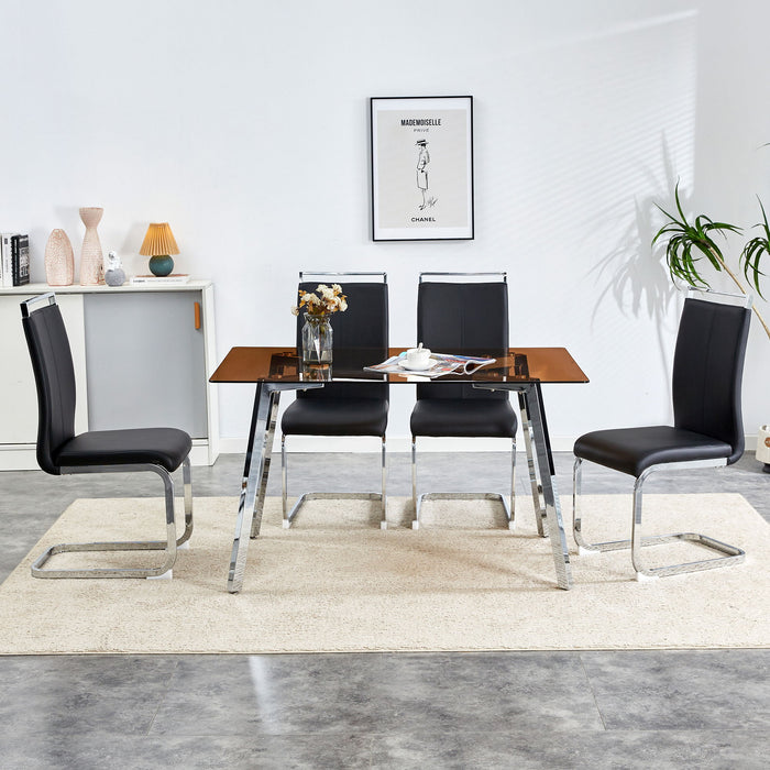 1 Table And 4 Chairs, Brown Tempered Glass Tabletop And Silver Metal Legs, Modern Minimalist Style Rectangular Glass Dining Table, Paired With 4 Modern Silver Metal Leg Chairs 1123 C - 1162 - Brown