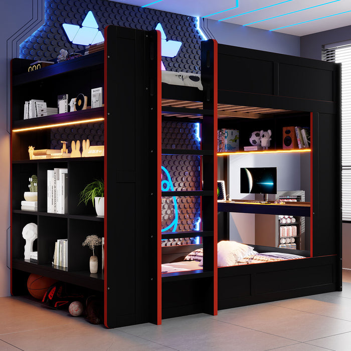 Full Size Gaming Bunk Bed With Desk, Storage Shelves, LED And Charging Station - Black Hearth and Haven