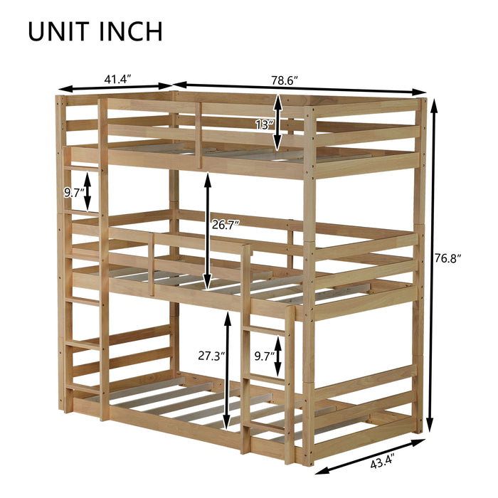 Twin Over Twin Over Twin Triple Bunk Bed With 2 Built In Ladders, Guardrails - Natural Home Essentials