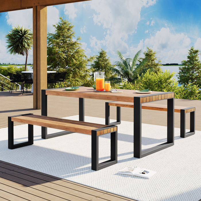Go 3 Pieces Outdoor Dining Table With 2 Benches, Patio Dining Set With Unique Top Texture, Acacia Wood Top & Steel Frame, All Weather Use, For Outdoor & Indoor, Natural