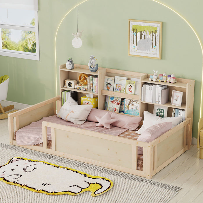 Platform Floor Bed With Guardrail Fence And Side Storage Shelves Home Essentials