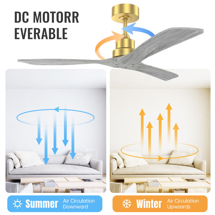 Indoor Ceiling Fan Without Light 3 Solid Wood Blades Remote Control Reversible Dc Motor - Gold