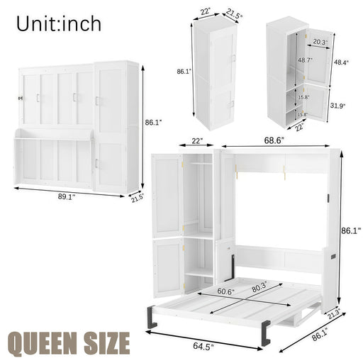 Queen Size Murphy Bed With Wardrobe, Space-Saving Hidden Wall Bed With Desk And Charging Station - White Home Essentials