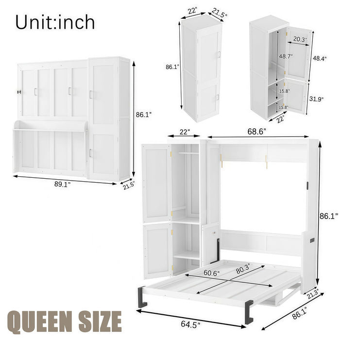 Queen Size Murphy Bed With Wardrobe, Space-Saving Hidden Wall Bed With Desk And Charging Station - White
