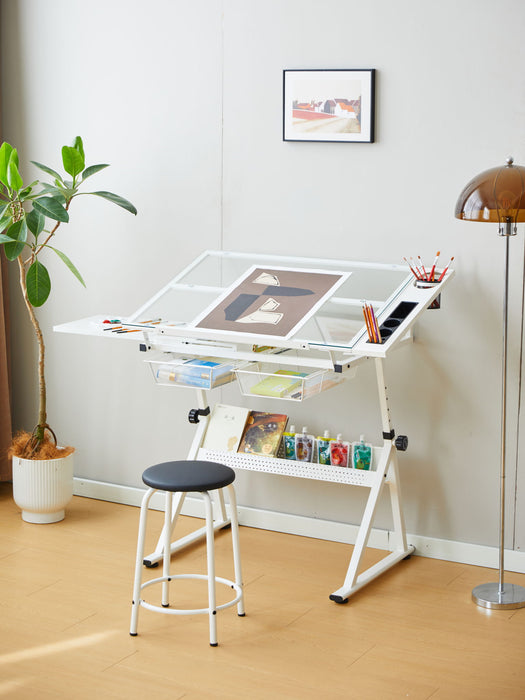 Adjustable Tempered Glass Drafting Printing Table With Chair Home Essentials