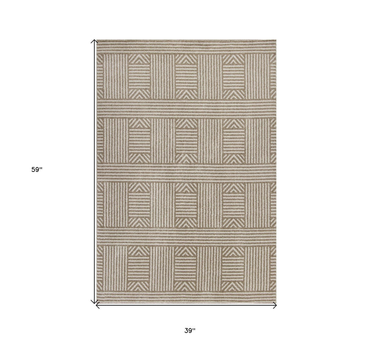 3' X 5' Geometric Indoor / Outdoor Area Rug - Beige / Ivory