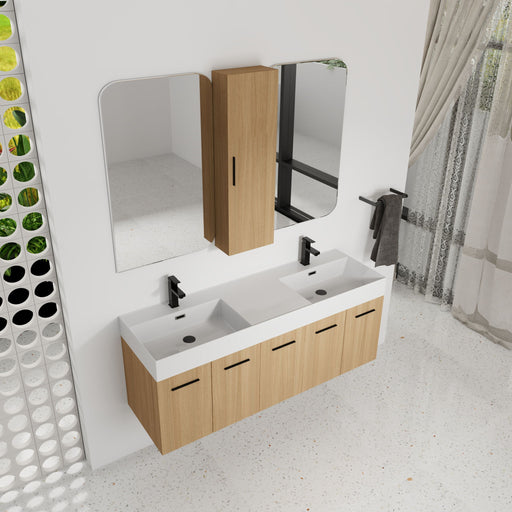 Floating Double Sink Bathroom Vanity Set With Tall Linen Cabinet, Extra Large Storage, Integrated Sink, Soft Close Doors - Glossy White / Light Oak Home Essentials