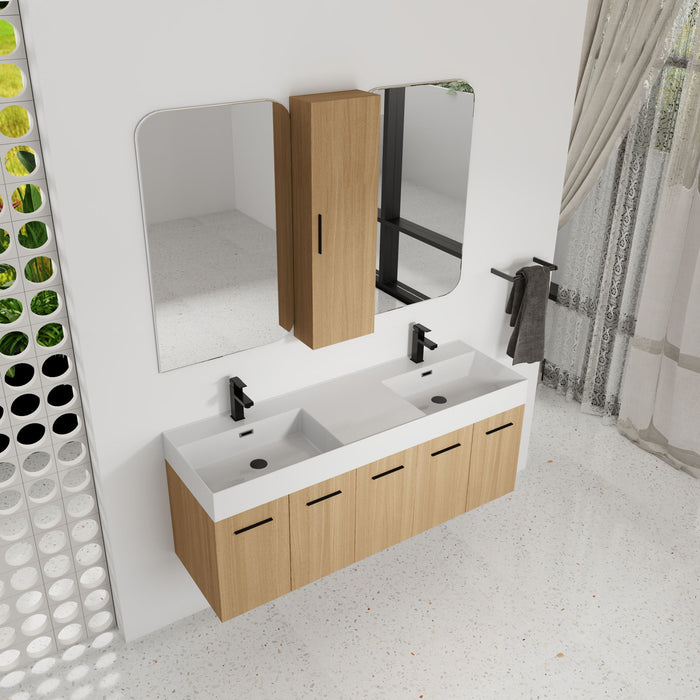 Floating Double Sink Bathroom Vanity Set With Tall Linen Cabinet, Extra Large Storage, Integrated Sink, Soft Close Doors - Glossy White / Light Oak Home Essentials