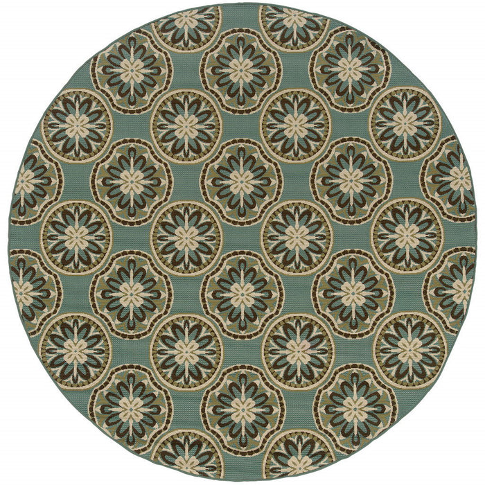 8' X 8' Round Floral Stain Resistant Indoor / Outdoor Area Rug - Blue / Ivory