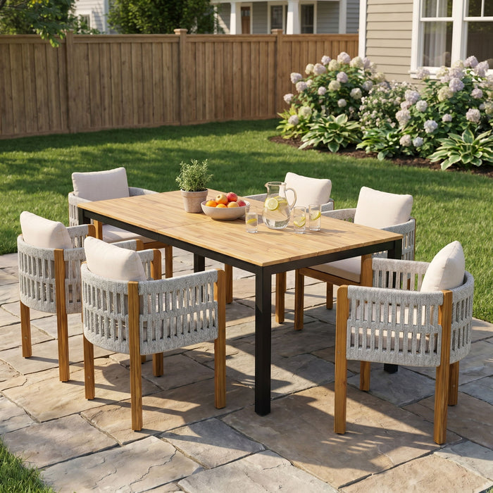 7 Piece Outdoor Dining Set With Table And Chairs - Beige / Teak / White Noble House