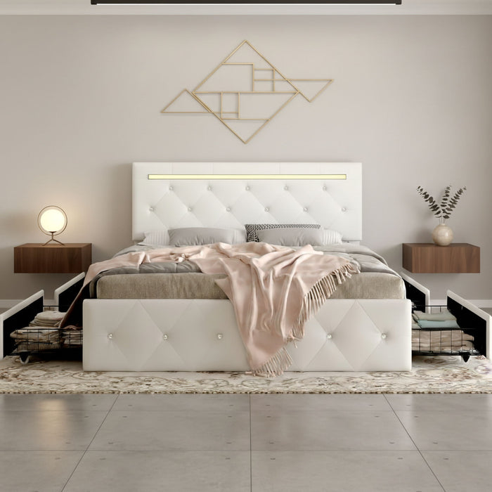 Upholstered Bed Frame With LED Lights, 4 Storage Drawers, Charging Station Home Essentials