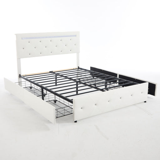 Upholstered Bed Frame With LED Lights, 4 Storage Drawers, Charging Station Home Essentials