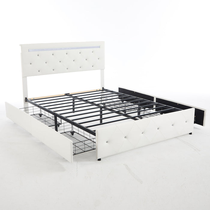 Upholstered Bed Frame With LED Lights, 4 Storage Drawers, Charging Station Home Essentials