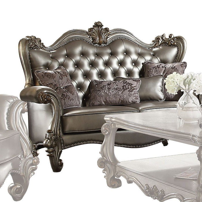 Versailles - Loveseat With 4 Pillows - Silver Synthetic Leather & Antique Platinum ACME